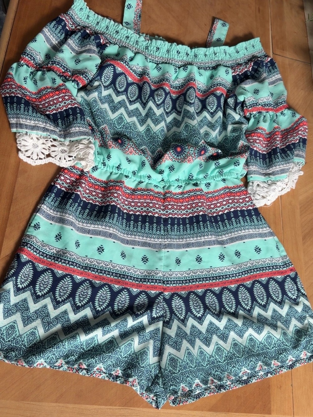 My Michelle Mint Aztec Off-Shoulder One-Piece Romper with Navy & Coral Accents